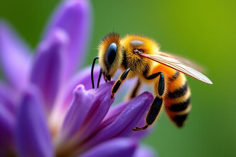 Primer plano de una abeja en una flor de salvia.